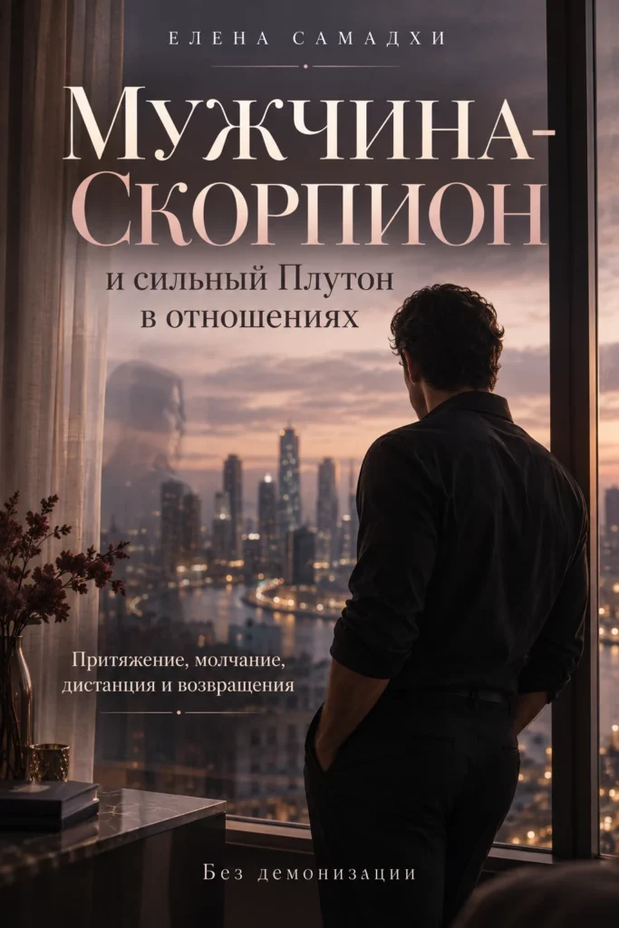 Обложка электронной книги Елены Самадхи «Мужчина-Скорпион и сильный Плутон в отношениях»: мужчина у окна на фоне вечернего города